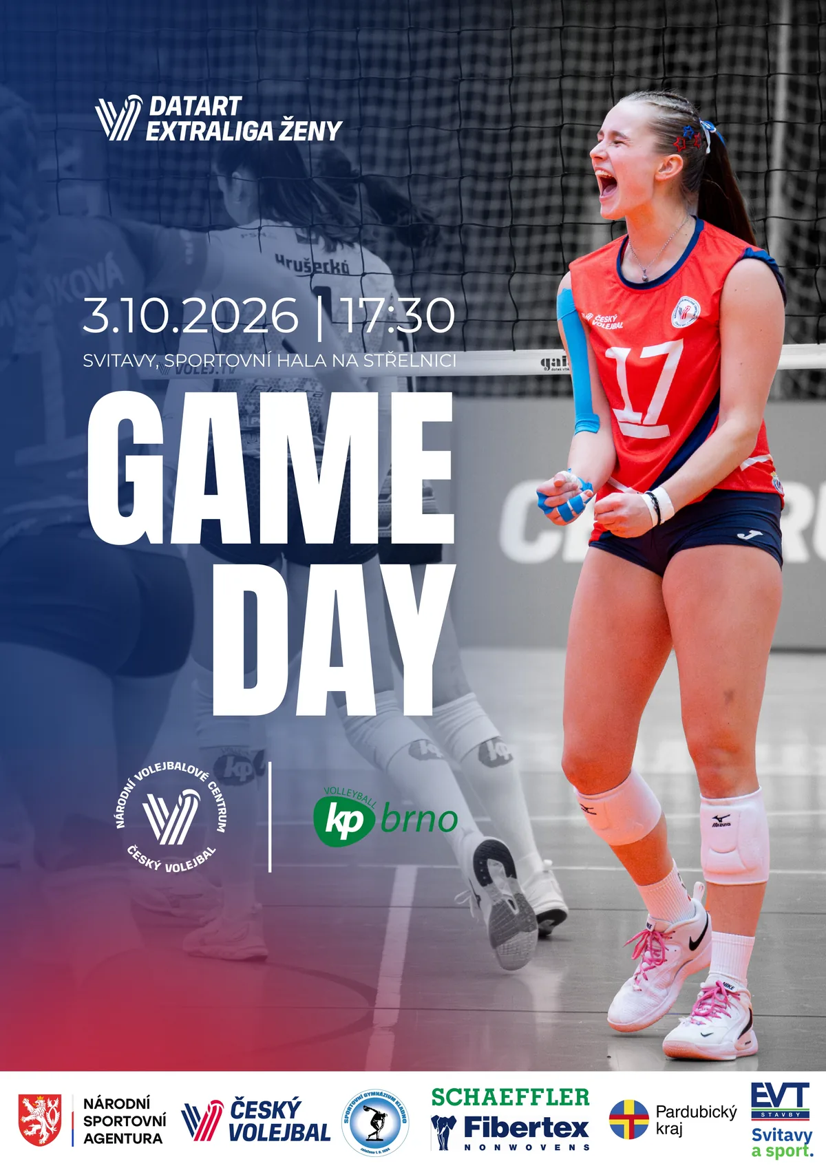 Plakát Game Day – DATART Extraliga žen, NVC a KP Brno, 3. 10. 2026 v 17:30, Svitavy, sportovní hala Na Střelnici